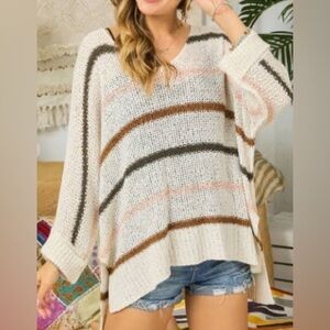 Mia & Tess Striped Knit High Low Sweater Cuff Sleeves